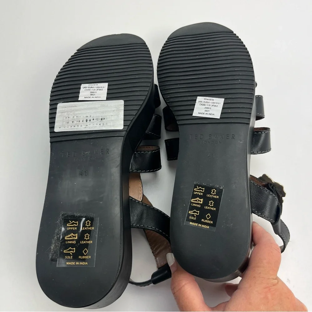 Ted Baker‎ Ffayeta Black Leather Sandal Platform Wedge Womens Size US 10.5 NEW